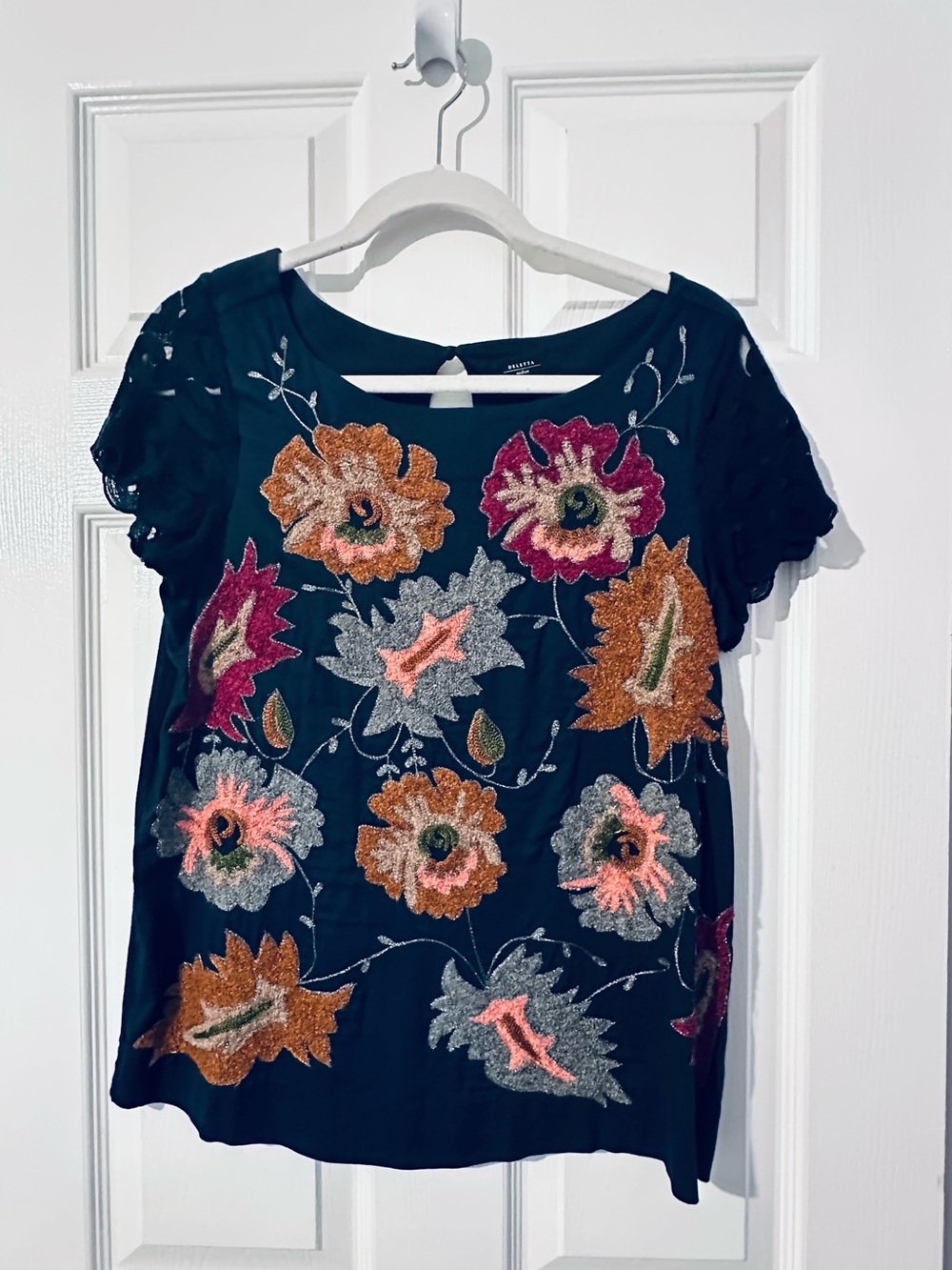 Anthropologie: Deletta Embroidered Floral Short Sleeve Top - Navy